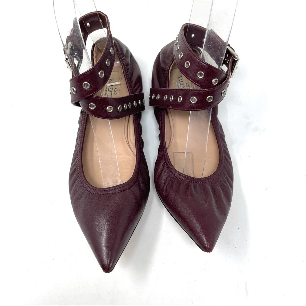Valentino Garavani Love Latch Grommeted Burgundy Leather Ankle-Wrap Ballet Flats